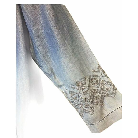 Chicos 0 US 4 Dip Dye Chambray Tunic Jacket Blue Ombre Embroidered Open Front - Picture 7 of 12